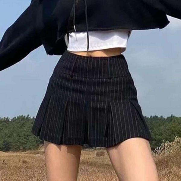 

summers preppy style age reduction skirt pin striped high waisted pleated for women, Black