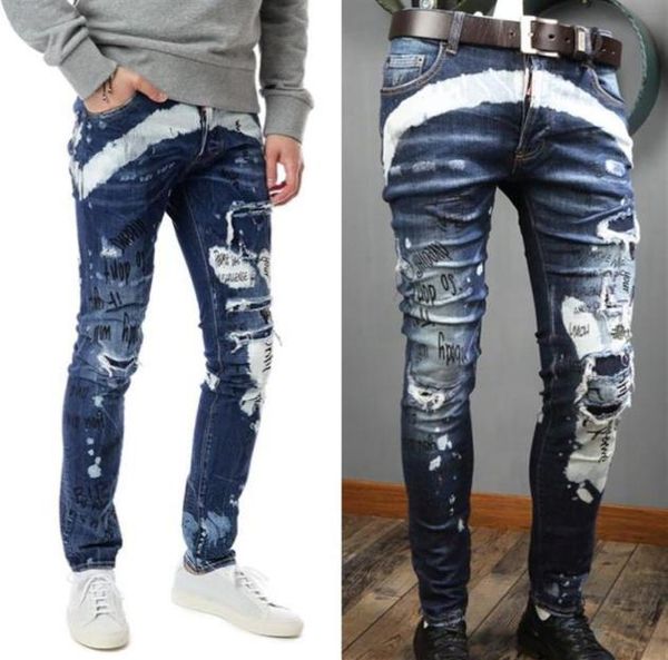 

man jeans blue graffiti distressed skater sparkle wash skinny fit worn out effect denim pants man267h2160082