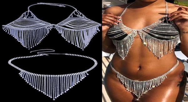 

women rhine body chain bikini set crystal tassel bra panties underwear9038731, White;black