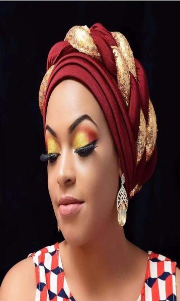 

ethnic clothing african auto gele headtie fashion sequins braids women039s turban cap muslim headscarf bonnet ready to wear hij1002853, Red