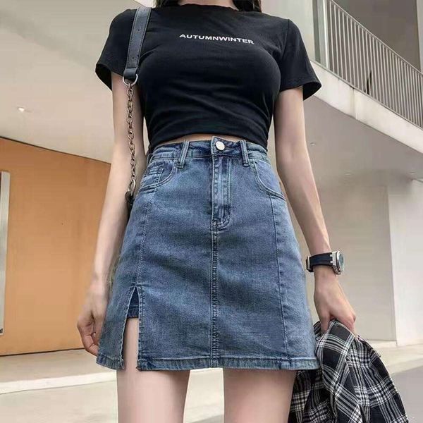 

large sized denim skirt for women summer high waisted split fat mm girl slim looking a line short, Black