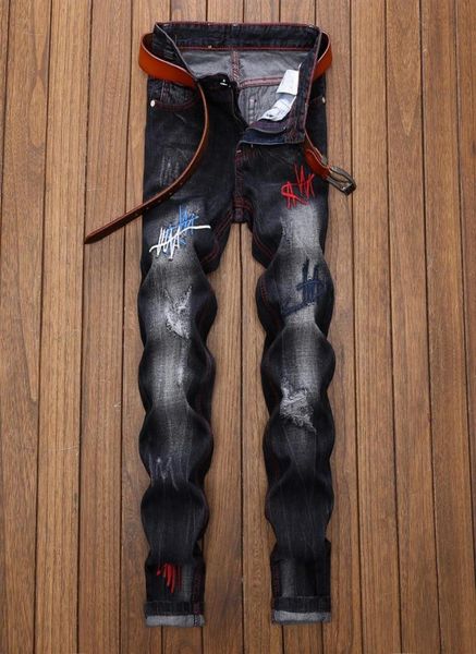 

new cotton brand fashion designer casual jeans men straight black embroidery mens ripped jeans denim trousers4925466, Blue