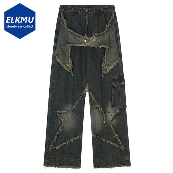 

men's jeans vintage baggy jeans star patchwork loose straight denim pants men hip hop streetwear jeans 230815, Blue