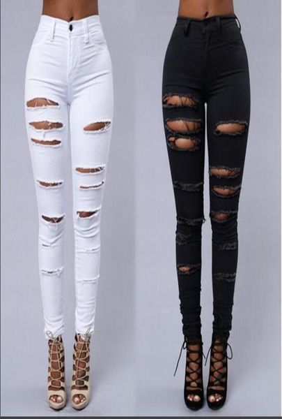 

women039s jeans high street women skinny ripped skin tight fashion black and white pencil denim pants3915935, Blue