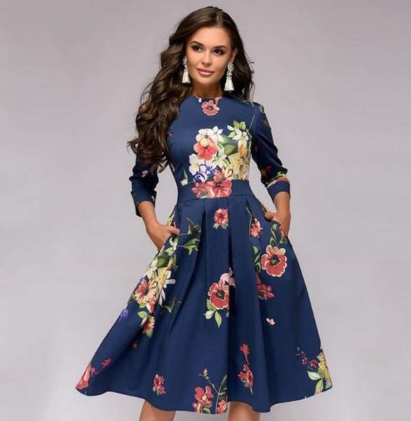 

women elegent aline dress vintage printing party vestidos three quarter sleeve women spring dressno pockets s3xl ynl01466394410, Black;gray