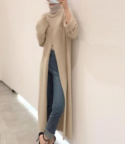 

casual dresses women designer turtleneck split sweater dress ladies long sleeve solid straight loose knitted maxi winter vestido5179934, Black;gray