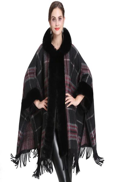 

new autumn winter women039s loose hooded plaid poncho faux fur collar cuff cardigan shawl cape tassels cloak outwear coat c49647256210, Black