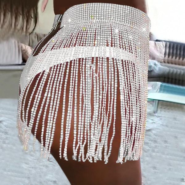 

swimwear shiny rhinestones mini beach skirts long tassel crystal diamonds coverups women club pool party slim skirt, White;black