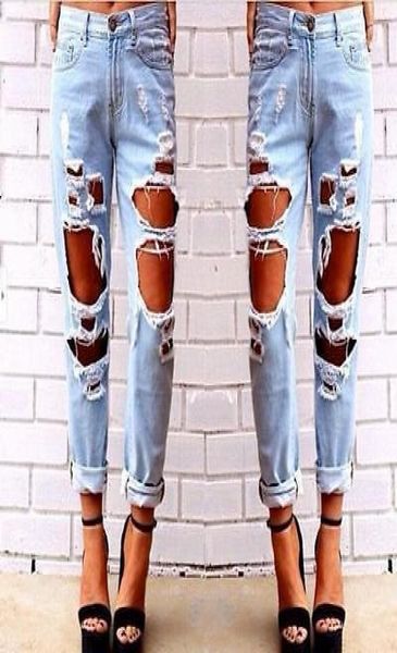 

fashion womens destroyed jeans ripped distressed denim pants hole boyfriend jeans long pencil trousers s181016016413721, Blue