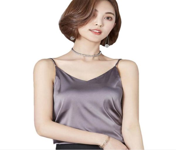 

new tank women silk camis fashion vneck sleeveless shirt solid color women camisole backless summer female 2746228, Black;white