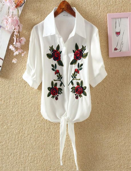 

2020 new women blouse embroidery shirts 2020 korean short sleeve flower embroidery blouse lady summer plus size female clothes4545393, White