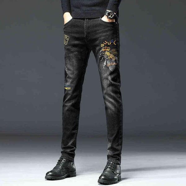 

winter autumn fashion jeans men039s korean version elastic slim fit little feet bee embroidered pants5507353, Blue