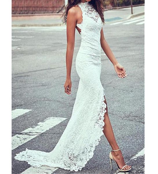 

white dress 2018 women oneck lace solid sleeve back hollow long party elegant dress vestido6360422, Black;gray