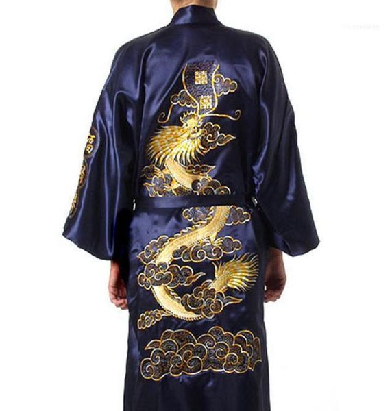 

men039s sleepwear traditional embroidery dragon kimono yukata bath gown navy blue chinese men silk satin robe casual male home 8820229, Black;brown
