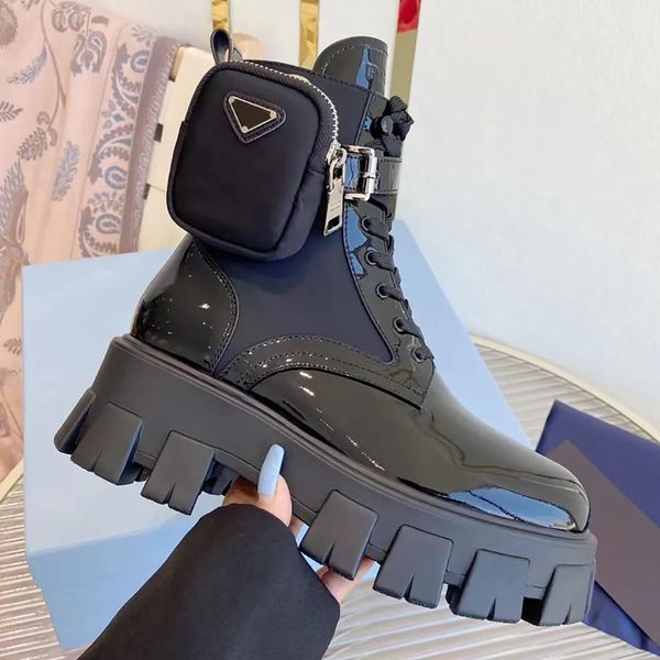 

calf leather trim ankle boots lace-up vamp round toe fla side triangle zip-pocket flats booties women's outdoor shoes luxury designer b, Black