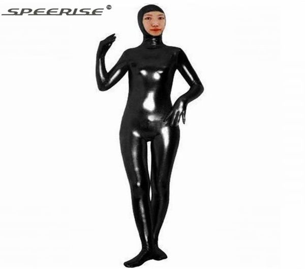 

lycra spandex shiny metallic face open zentai suit second skin tight full body nylon catsuit men zentai unitard costume2812639, Black