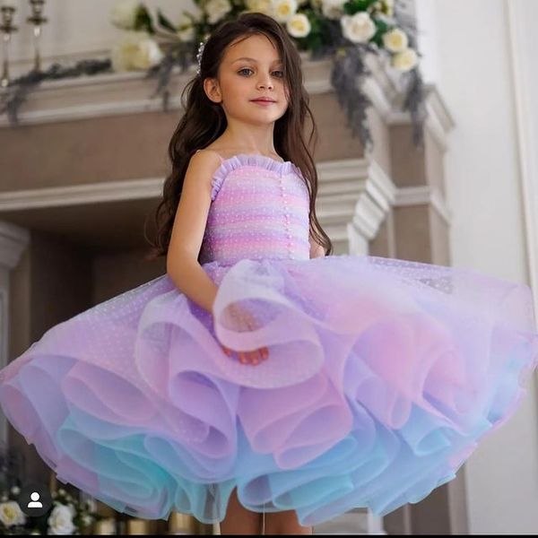 

2023 colorful ball gown flower girl dresses tulle tiers knee length vintage little girl peageant dress gowns zj418, White;blue