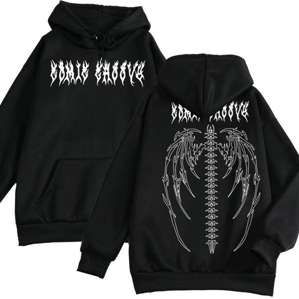 

men's hoodies sweatshirts women hoodie y2k gothic skeleton evil wing print oversize hooded couple clothes hip-hop man streetwear sweat, Black