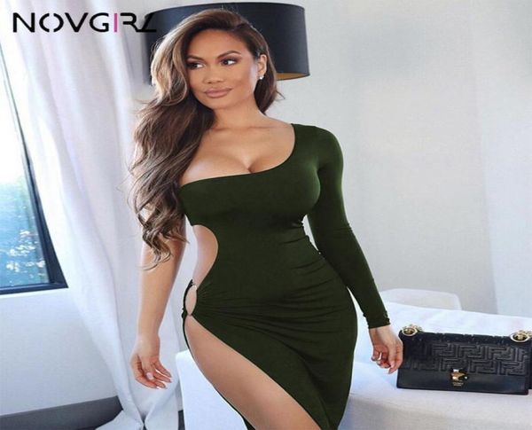 

19ss one shoulder long sleeve metal ring dress hollow out high split dress women irregular bodycon clubwear party 2022 autumn1712558, Black;gray