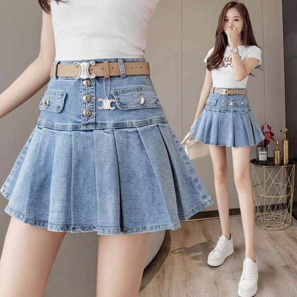 

high waisted denim skirt short for women autumn slimming age reducing fashionable pleated, Black