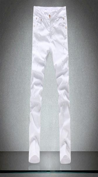 

spring men039s tight pure white jeans male skinny trousers cotton elastic hole slim leisure pants men1588572, Blue