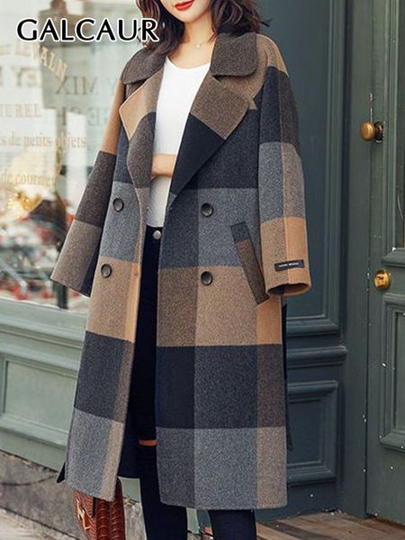

womens jackets galcaur korean plaid coats for women lapel long sleeve double breasted patchwork pockets vintage colorblock loose coat female, Black;brown