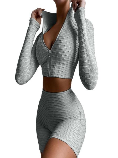 

women two piece pants outfits textured tracksuit long sleeve zip shorts workout sport gym activewear sets6795014, White