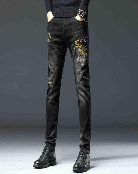 

winter autumn fashion jeans men039s korean version elastic slim fit little feet bee embroidered pants3795687, Blue