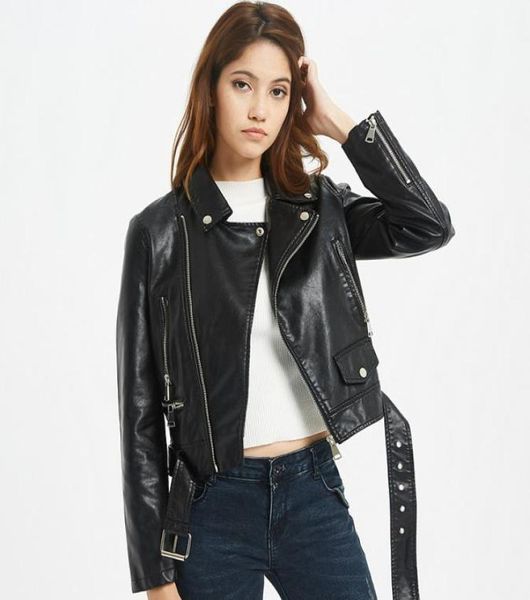 

new autumn women pu leather jacket woman zipper belt short coat female black punk bomber faux leather outwear3403474, Black;brown