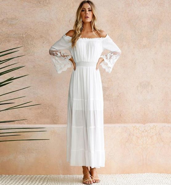 

summer sundress women white beach long dress strapless off shoulder long sleeve loose cotton lace boho maxi dress3708140, Black;gray
