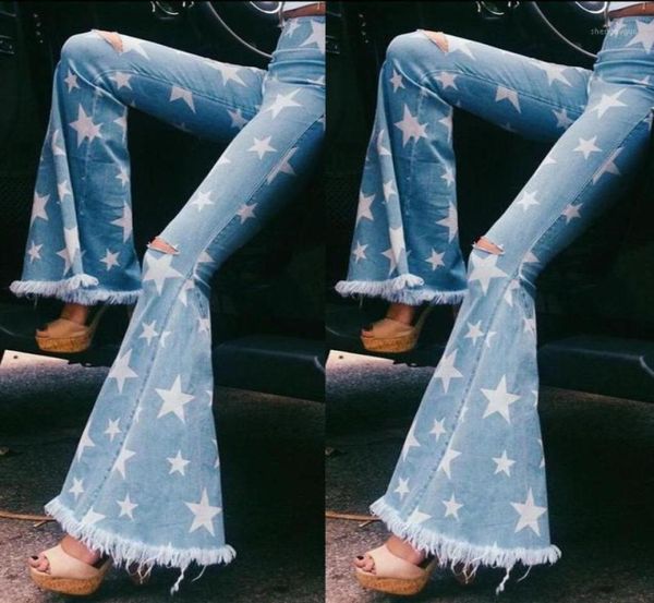

women039s jeans woman fashion skinny star shape printed with tassel stretchy denim high street bell bottoms vintage flare 4598928, Blue