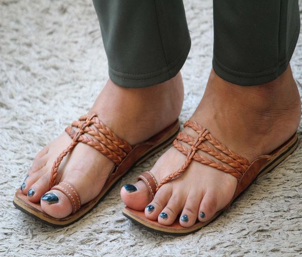 

handmade real goat leather stylish comfort casual flat flip flops slipper shoes, Black