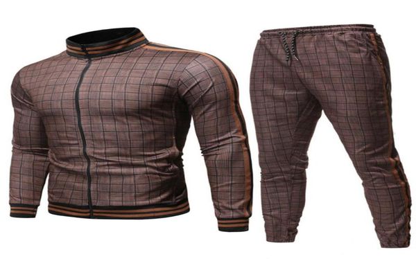 

kancoold men clothing mens autumn long sleeve plaid printed zipper sweatshirt jacket pants sets sports suit tracksuit jul227851628, Gray
