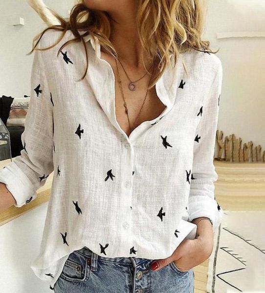 

birds embroidery women shirt cotton linen female blouse spring summer loose casual lady plus size 5xl9222419, White