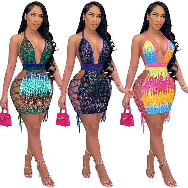 

sequin short club dress halter v neck side cut out mini dresses for cocktail party night club prom blue green rose red5154359, White;black
