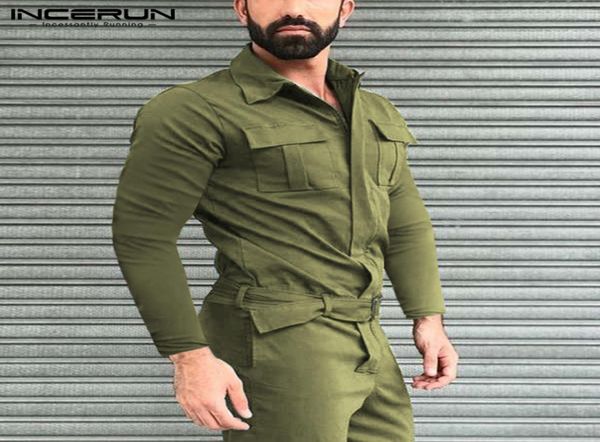 

incerun mens cargo overalls pockets zippers jumpsuits mens fashion solid color rompers man long sleeve lapel bib pants plus size8300616, Black