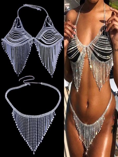 

women rhine body chain bikini set crystal tassel bra panties underwear8102750, White;black