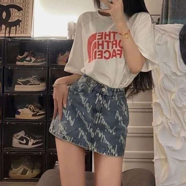 

high s printed denim skirt for women summer retro hong kong style all matching slimming a line with hips, Black