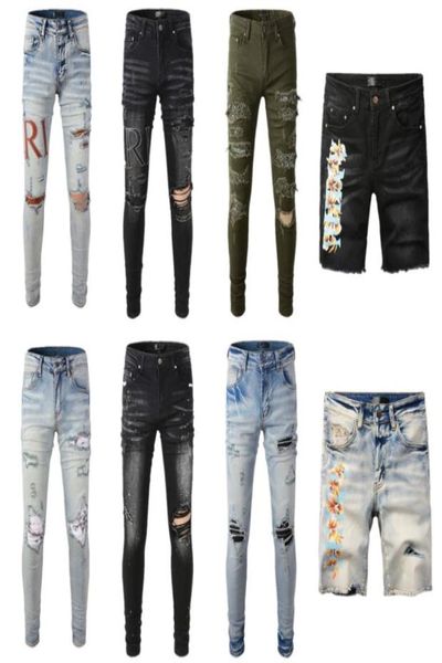 

men skinny jeans designer jeans ripped holes motorcycle biker patch splice fashion famous printing denim shorts pants4894553, Blue