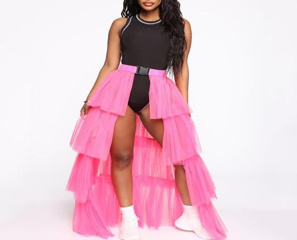 

skirts 4 layers mesh maxi skirt women waist buckle tutu solid color ball gown for festival party jupe faldas largas mujer1594172, Black