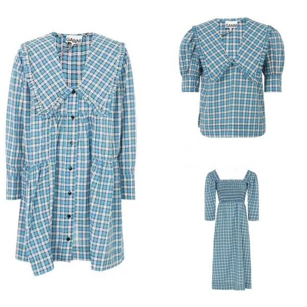 

gannis women designer shirt classic sky blue checked silk casual doll collar shirt and fashion fall lady dress, White