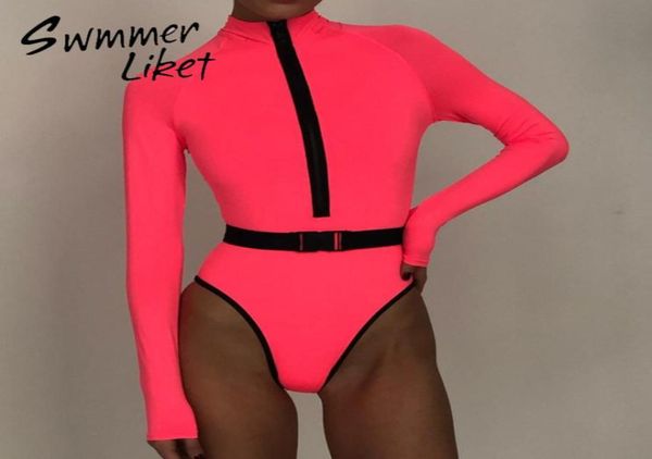 

long sleeve bikini neon pink zipper bodysuits swimwear women turtleneck swimsuit female high cut monokini biquini y2003196442001, White;black