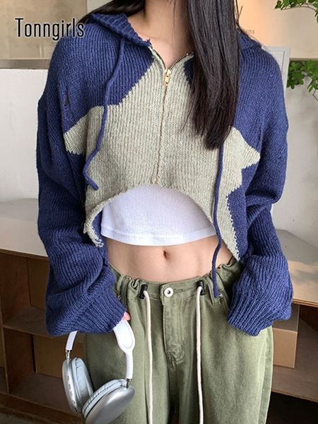 

women's knits tees tonngirls y2k retro cardigan women patchwork stars sweater vintage knitted cropped hooded sweater streetwear cashmer, White