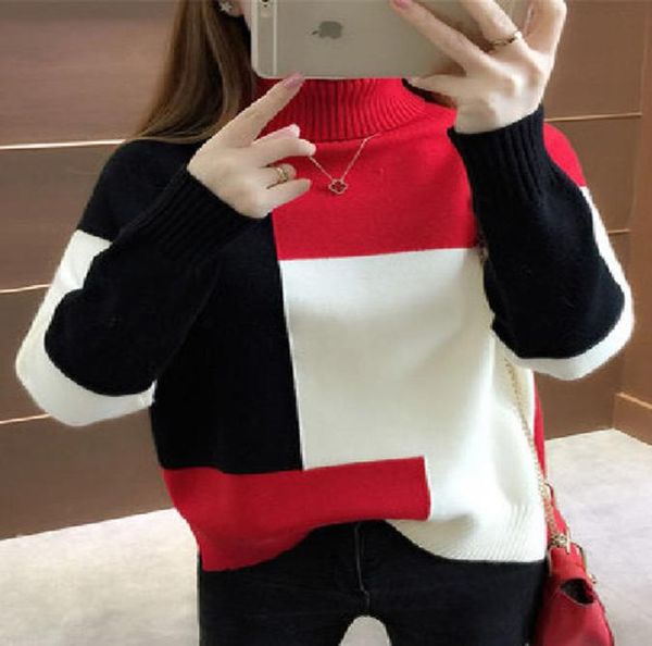 

jmprs patchwork women pullover sweater autumn loose o neck long sleeve knitted thick korean fashion female jumper 2208091364802, White;black