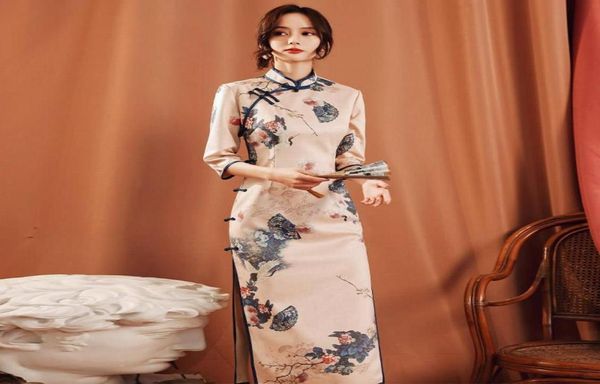 

ethnic clothing traditional chinese women flower cheongsam vintage print split evening party dress ladies robe gown elegant q6435658, Red