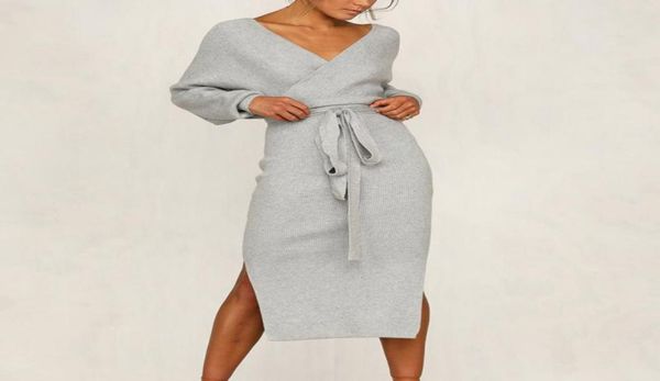 

vertvie new knitting sweater dress women autumn winter split deep vneck sheath dress lady slim tight streetwear9394774, Black;gray