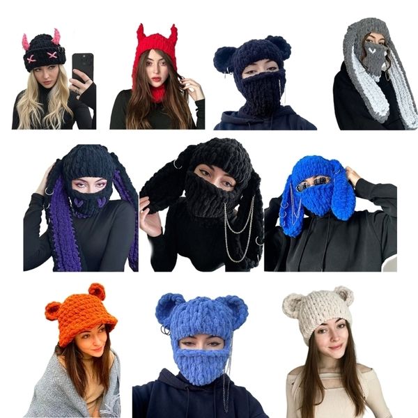 

beanie skull caps bear hat devil horn p o props year thick halloween adults kids knitted chenille yarn y2k handmade 230818, Blue;gray