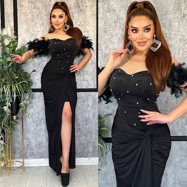 

2023 august aso ebi sheath beaded prom dress sheer neck evening formal party second reception birthday engagement gowns dresses robe de soir, Black