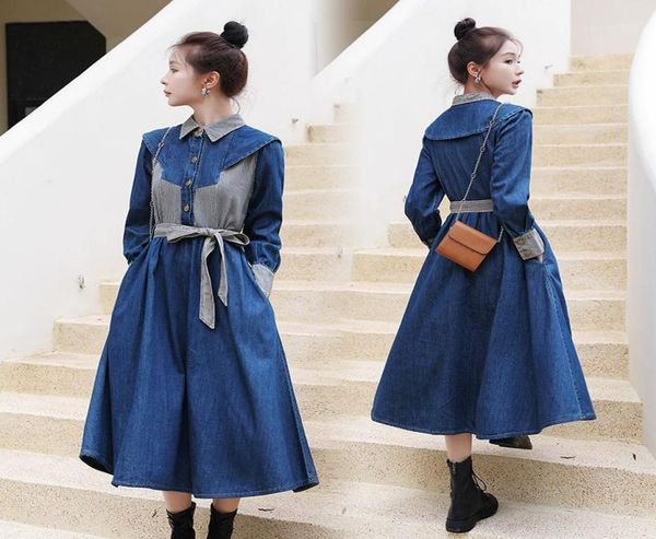 

casual dresses women denim dress fashion tide elegant sashes cowboy jeans high street striped patchwork lapel shirt with belt2633171, Black;gray