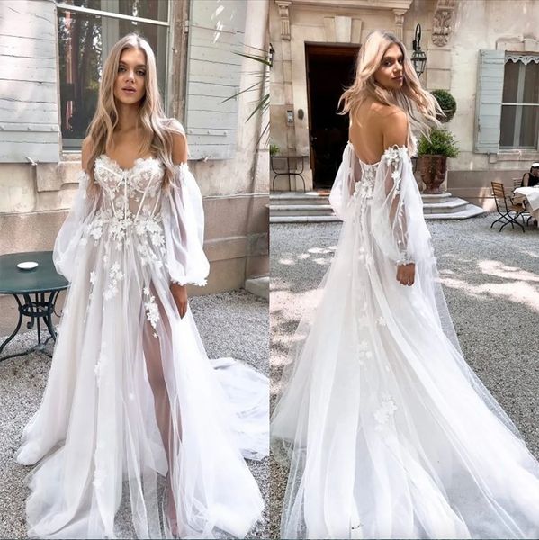 

boho a line wedding dresses appliques puffy sleeve tulle designer wedding bridal gowns, White